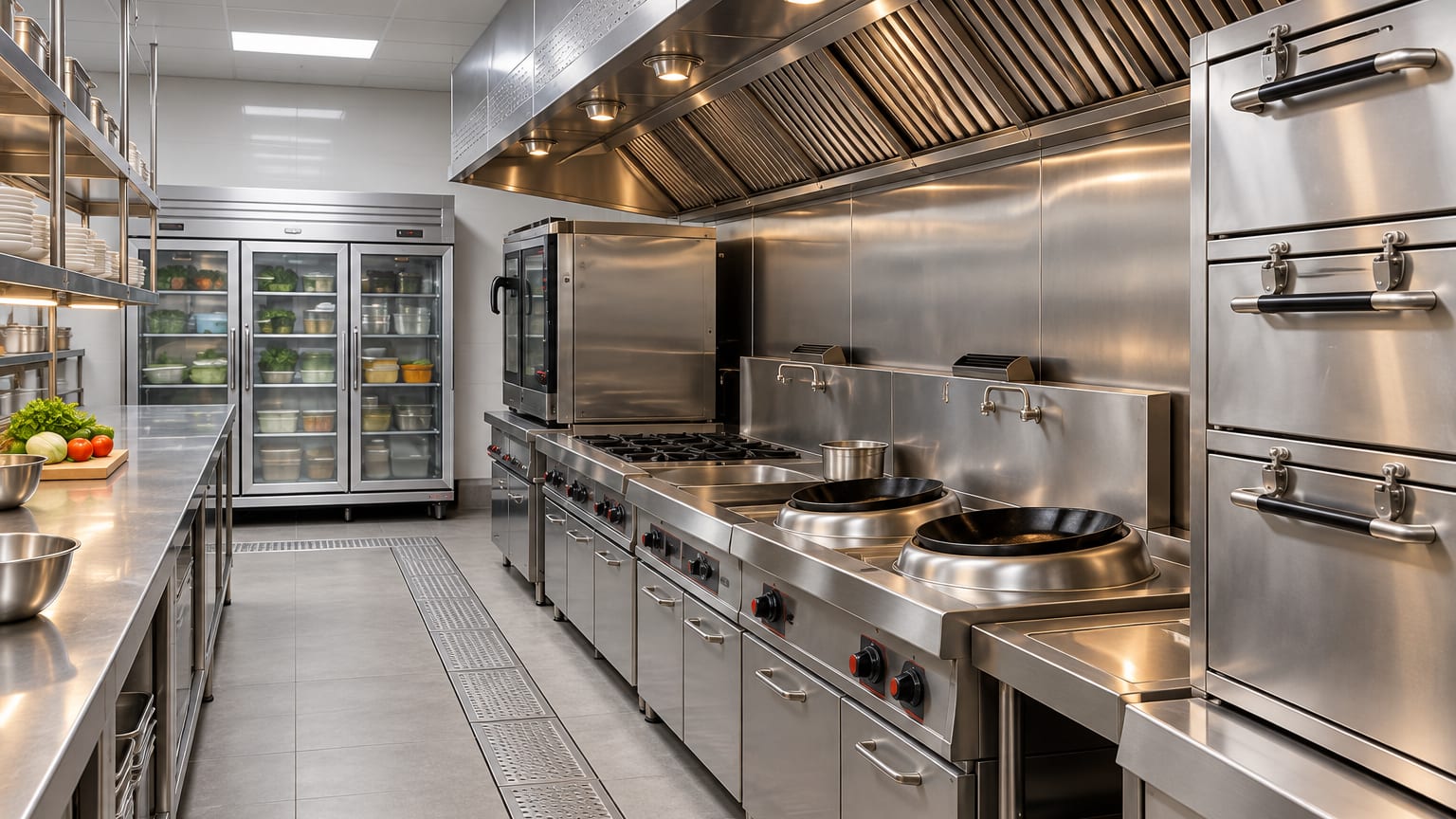 A commercial kitchen: a gas wok range under a stainless extraction hood, a combi oven, upright glass-door chillers and a stainless preparation line.