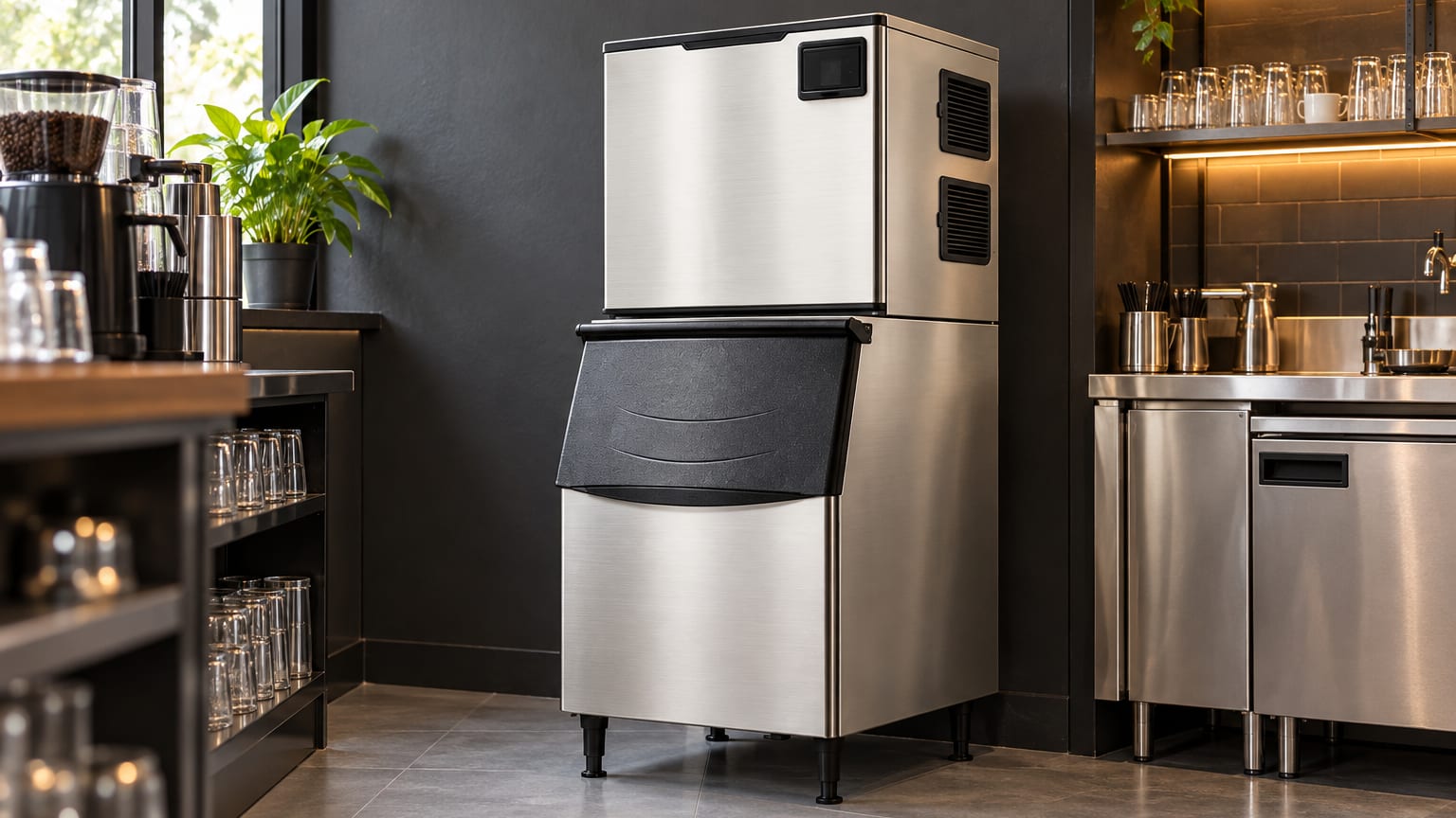 A modular commercial ice machine standing on its storage bin in a café service area.